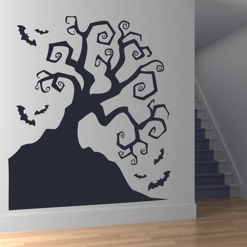 Scary Twisted Haunted Halloween Tree with Bats Wall Art Sticker | Apex Stickers