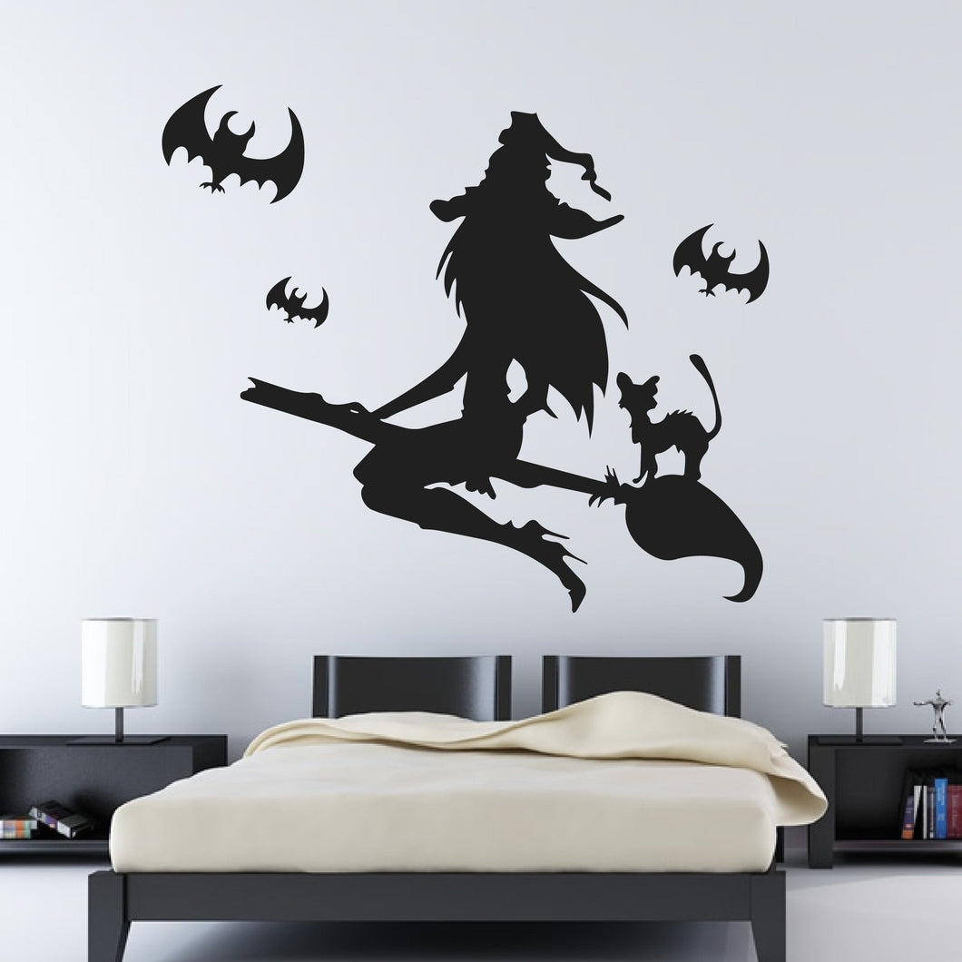 Flying Witch on Broomstick with Cat and Bats Wall Art Sticker | Apex Stickers