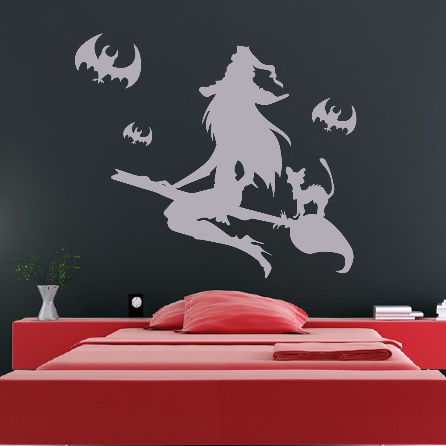 Flying Witch on Broomstick with Cat and Bats Wall Art Sticker | Apex Stickers