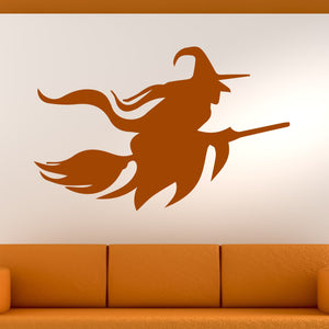 Witch in Hat Flying on Broomstick Halloween Wall Art Sticker | Apex Stickers